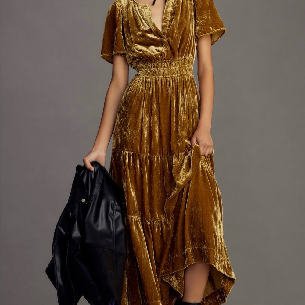 Anthropologie Gold Velvet High-Low Midi Dress